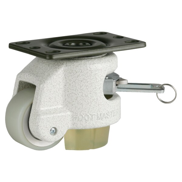 Leveling Caster, Ratchet, 50 mm PU Wheel, 2-1/2 x 3-1/4 Plate, Swivel, 250 kg Cap, PU Pad, Ivory